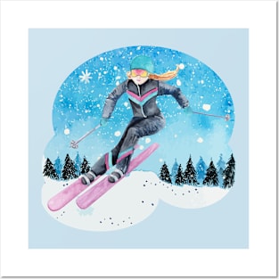 Lispe Skier Pastel Woman Skiing Posters and Art